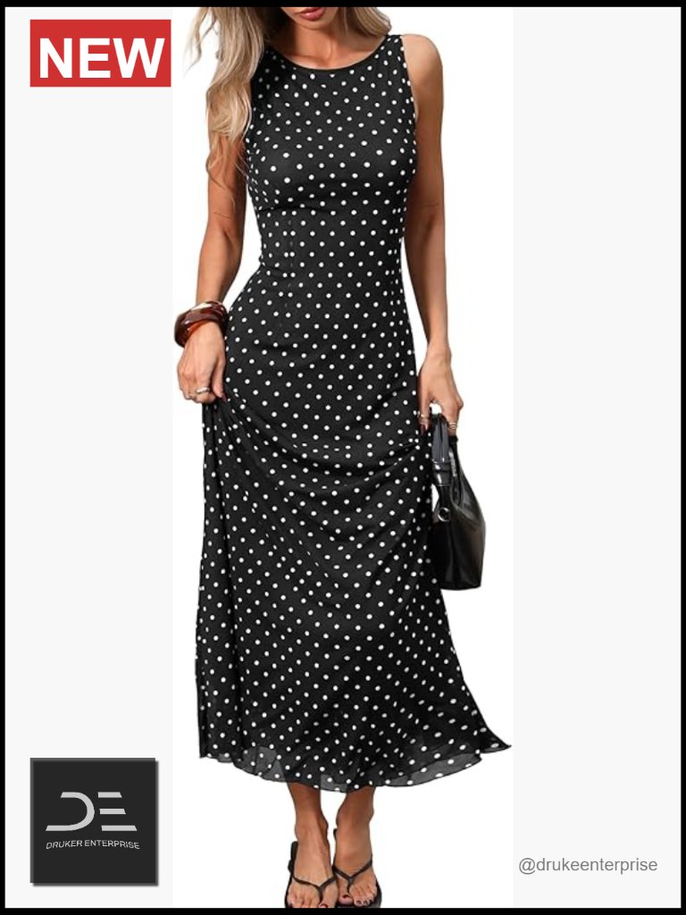 Polka Dot Maxi Tank Dress, Sleeveless Boat Neck Bodycon Long Dress